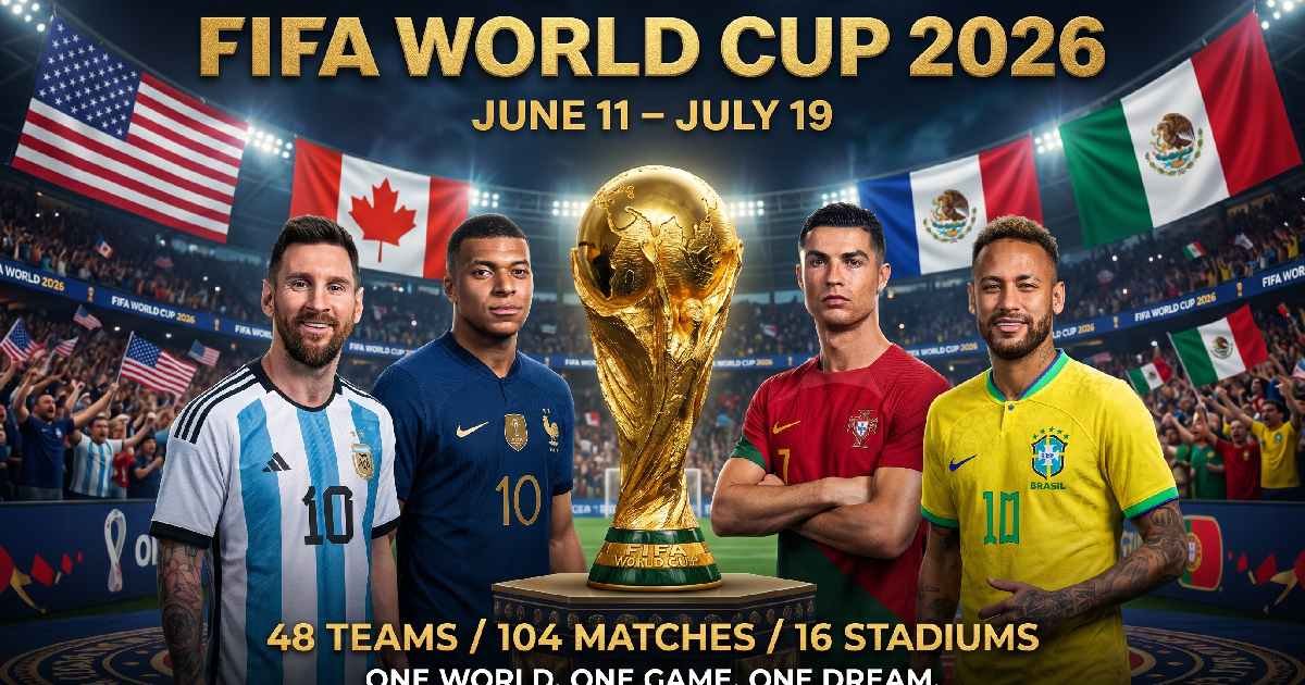 FIFA World Cup 2026 promotional poster with four football players golden trophy and host nation flags representing complete tournament schedule.