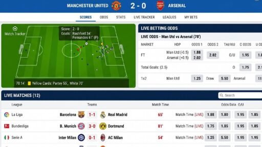 Football Livescore platform dashboard showing live match scores, animated pitch tracker, real-time odds and multiple live games listed below.