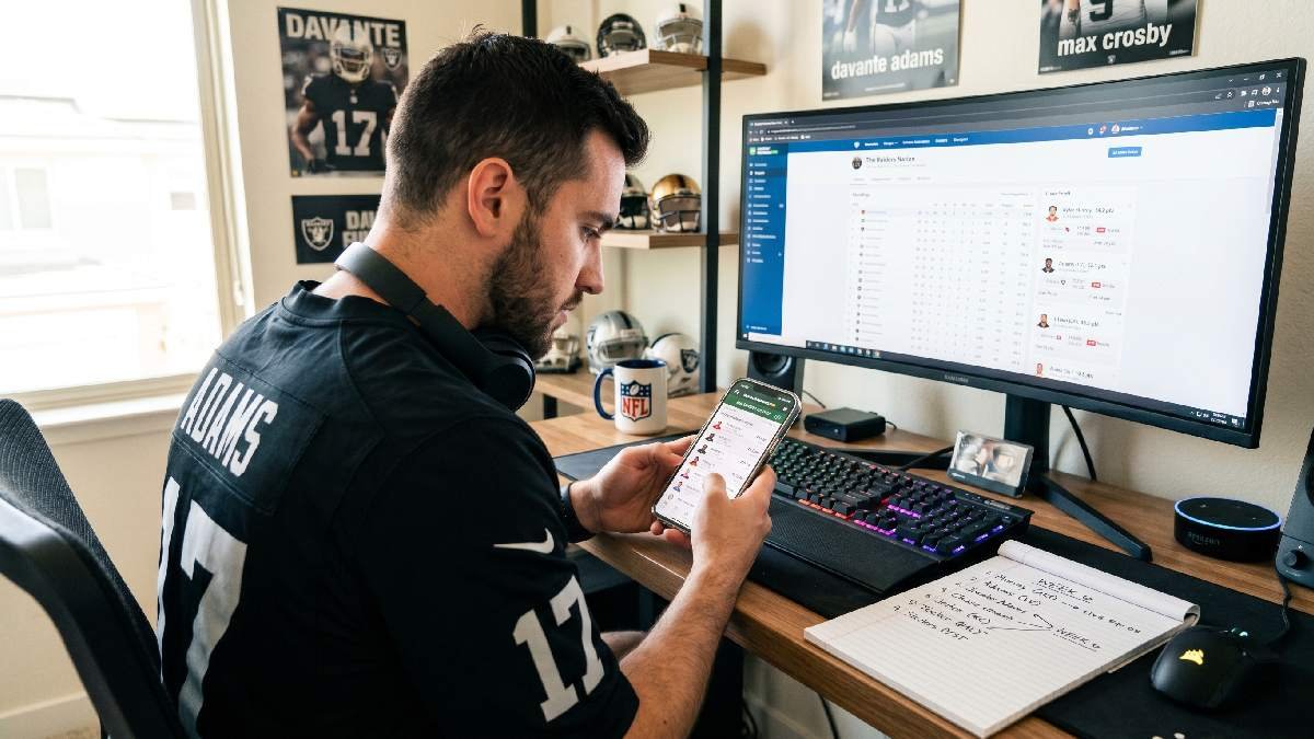 Fantasy football player checking live player scores and match stats on smartphone with fantasy team lineup visible.