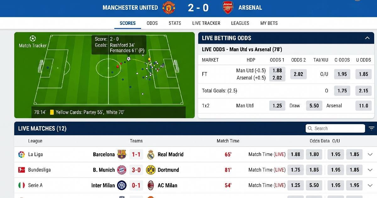 Football Livescore platform dashboard showing live match scores, animated pitch tracker, real-time odds and multiple live games listed below.
