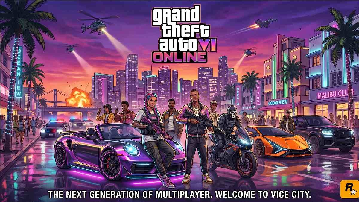 GTA 6 Online mode showing multiple players with custom characters cars and weapons in neon lit Vice City multiplayer open world.