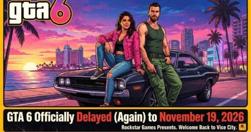 GTA 6 characters Lucia sitting on muscle car and Jason leaning beside it against Vice City sunset November 19 2026 delay announcement.