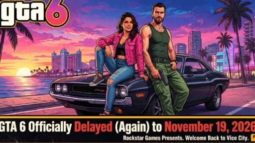 GTA 6 characters Lucia sitting on muscle car and Jason leaning beside it against Vice City sunset November 19 2026 delay announcement.