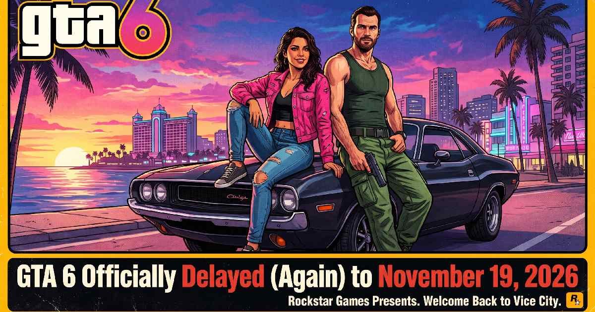 GTA 6 characters Lucia sitting on muscle car and Jason leaning beside it against Vice City sunset November 19 2026 delay announcement.