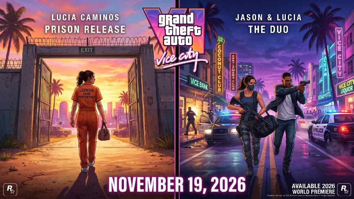 GTA 6 Trailer 1 showing Lucia leaving prison and Trailer 2 showing Jason and Lucia in Vice City ahead of November 2026 release.
