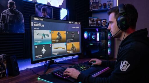 Gamer browsing R6 Marketplace in Rainbow Six Siege with rare skins and R6 Credits visible on screen.