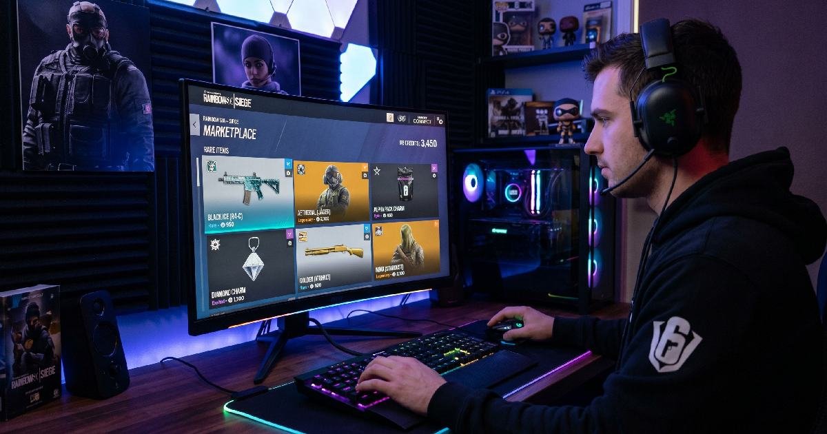 Gamer browsing R6 Marketplace in Rainbow Six Siege with rare skins and R6 Credits visible on screen.