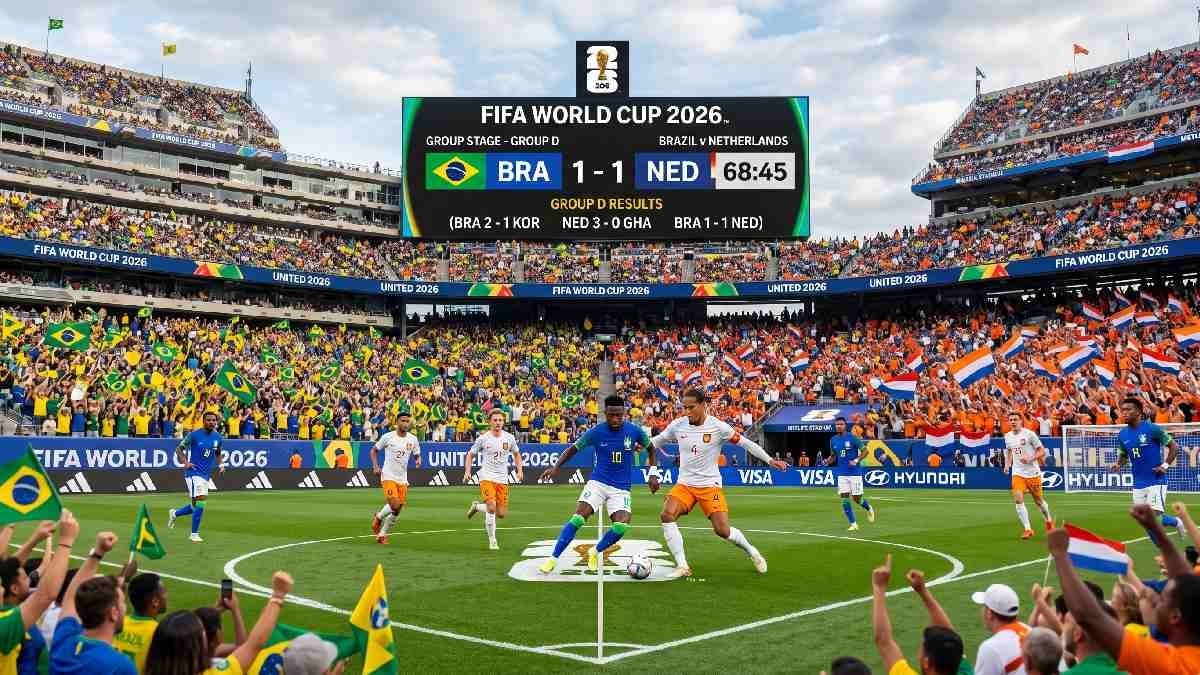 FIFA World Cup 2026 group stage match with players competing on pitch representing group stage fixtures and results so far.