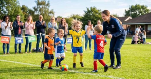 Happy toddlers enjoying Football for Toddlers class on sunny grass field with coach guiding and parents cheering.