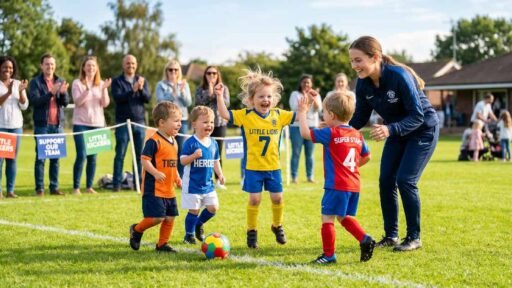Happy toddlers enjoying Football for Toddlers class on sunny grass field with coach guiding and parents cheering.