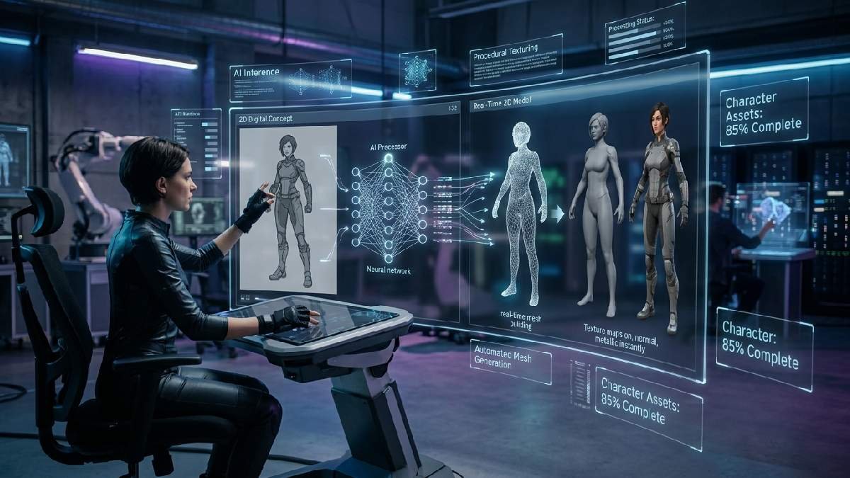 AI converts concept art into 3D models instantly using neural networks, automating modeling, texturing, and rendering in modern studios