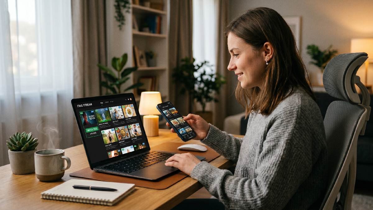 Person browsing video streaming website on laptop and mobile showing how does BaddieHub work for everyday online users.