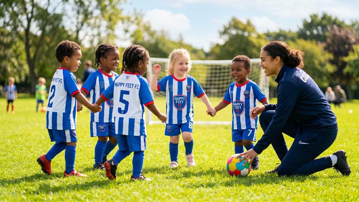 Group of toddlers in football kits holding hands and working together with coach on a sunny grass field.