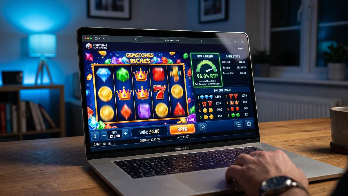 Laptop showing online slot game with RTP percentage meter representing how RTP directly affects your winning chances in slots.