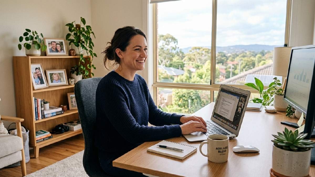 Professional working happily from home office with laptop and coffee showing how virtual offices in Adelaide improve work-life balance. 