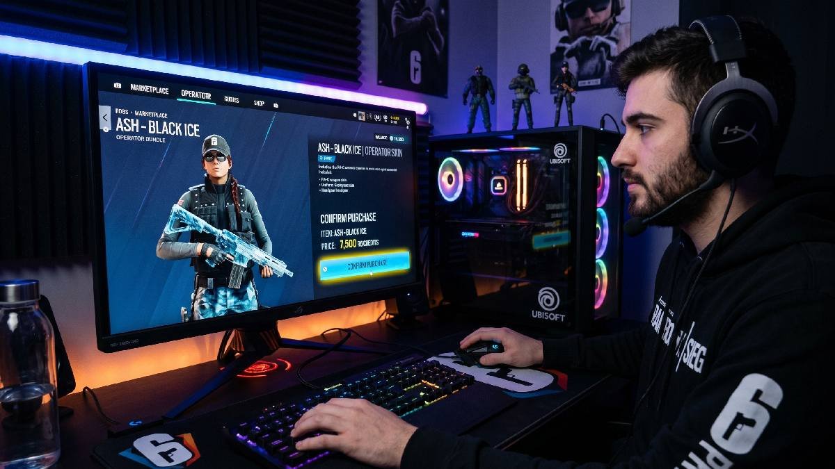 Gamer purchasing a rare operator skin on R6 Marketplace with R6 Credits price and confirm button visible on screen.