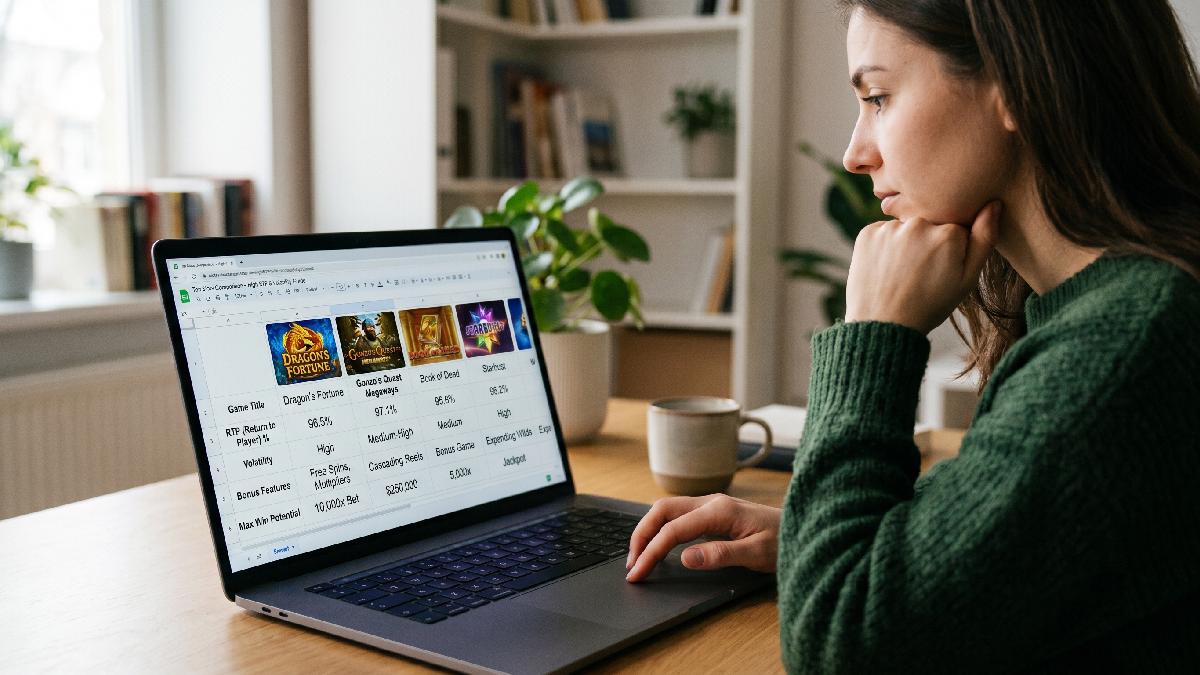 Person comparing online slot games on laptop showing RTP volatility and features representing how to choose high winning potential slots.