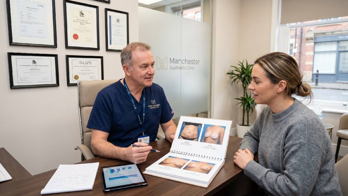 Choosing best mummy makeover surgeon in Manchester UK based on qualifications experience safety reputation consultation and successful results.