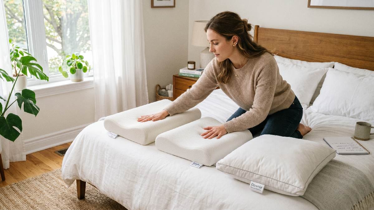 Person choosing the right pillow from several options laid out on a white bed for neck pain relief.