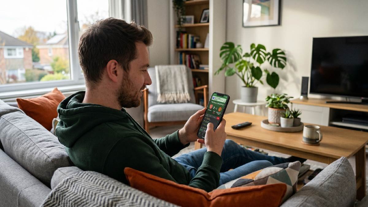 Person using football live score app on smartphone with match scores and push notifications visible on screen.