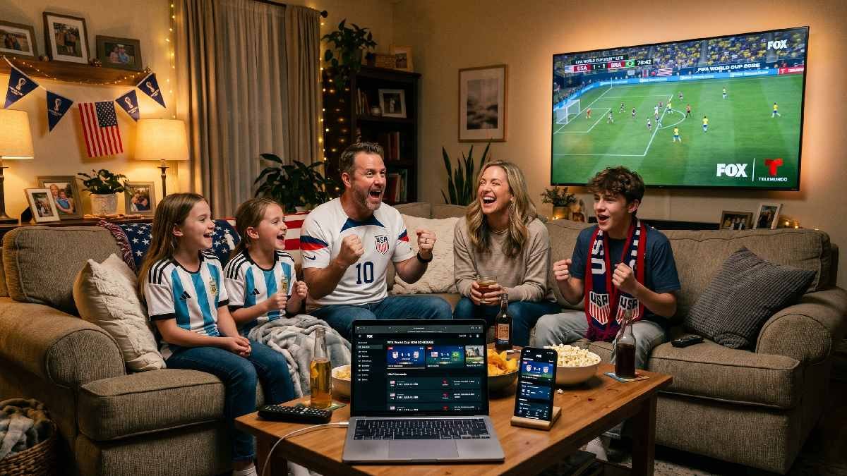 Family watching FIFA World Cup 2026 live on TV with streaming options representing how to watch FIFA World Cup 2026 live.
