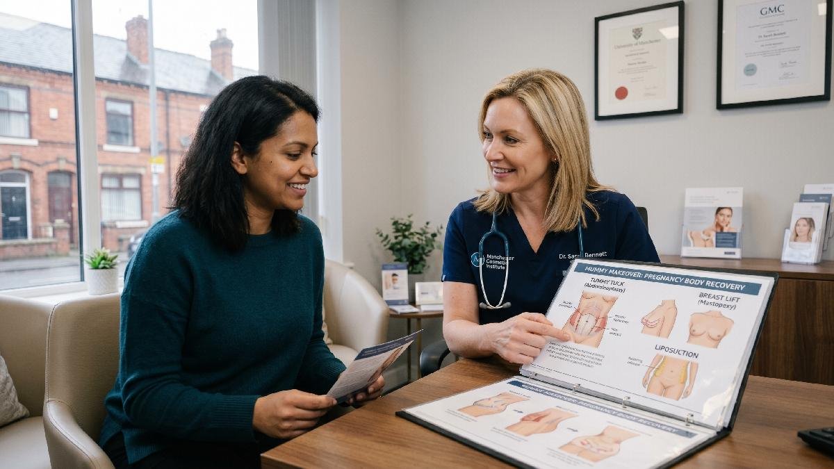 Mummy makeover surgery introduction explaining post pregnancy body restoration loose skin fat removal breast changes consultation and confidence improvement process.