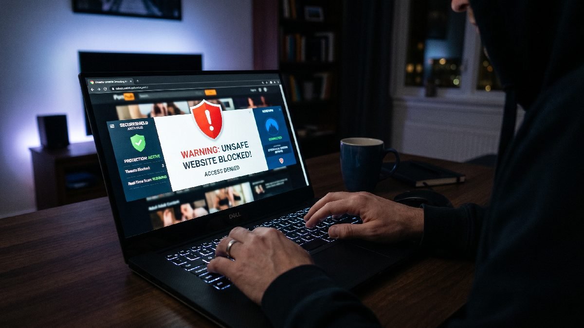 Laptop showing security shield and antivirus software representing important safety concerns and protection tips for is BaddieHub safe to use. 