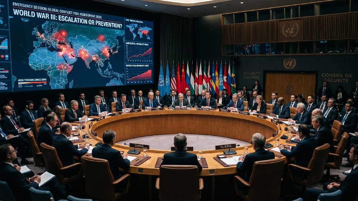 World leaders in UN security council meeting with global conflict maps representing debate over is World War 3 happening in 2026.
