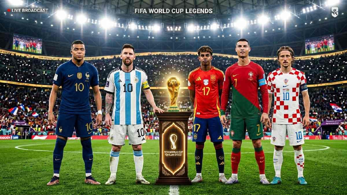 Mbappe Messi Yamal Ronaldo and Modric standing together beside World Cup trophy representing key players who could decide the 2026 winner.