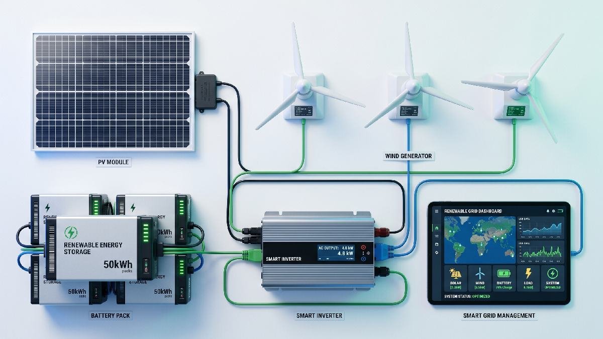 Solar panels, wind turbines, battery storage, and smart grid technology displayed together representing key renewable energy grid components. 