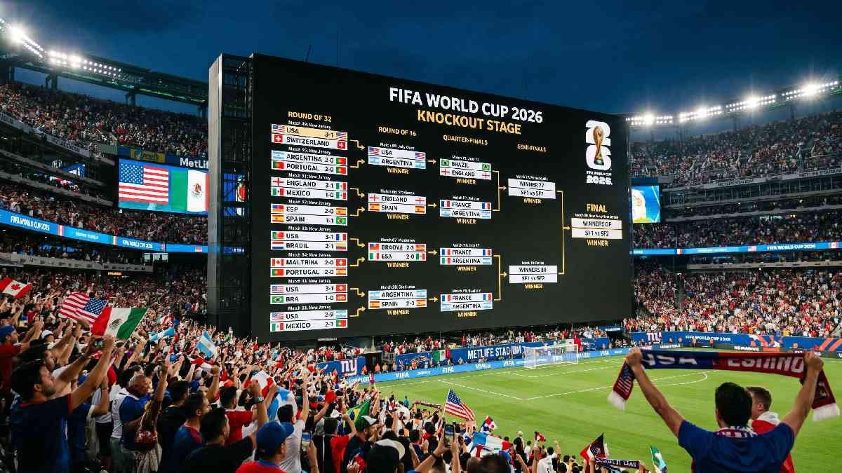 FIFA World Cup 2026 knockout stage bracket on stadium screen representing new Round of 32 knockout format and schedule.