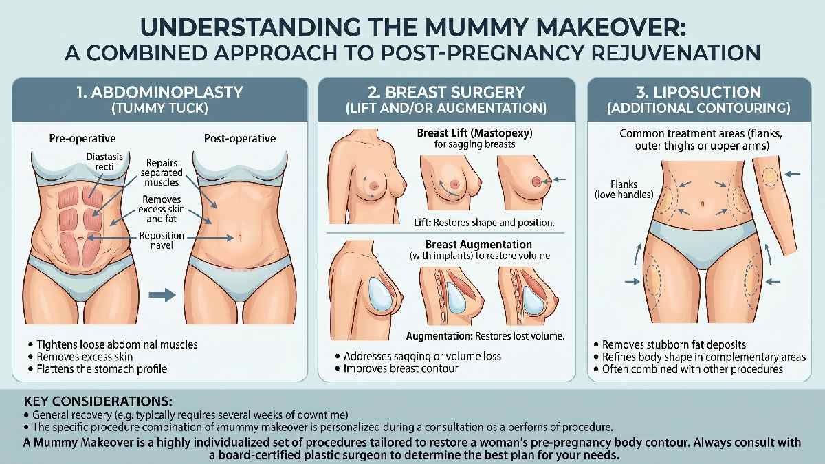 Mummy makeover surgery procedure explained including tummy tuck breast enhancement body contouring recovery process and expected results.