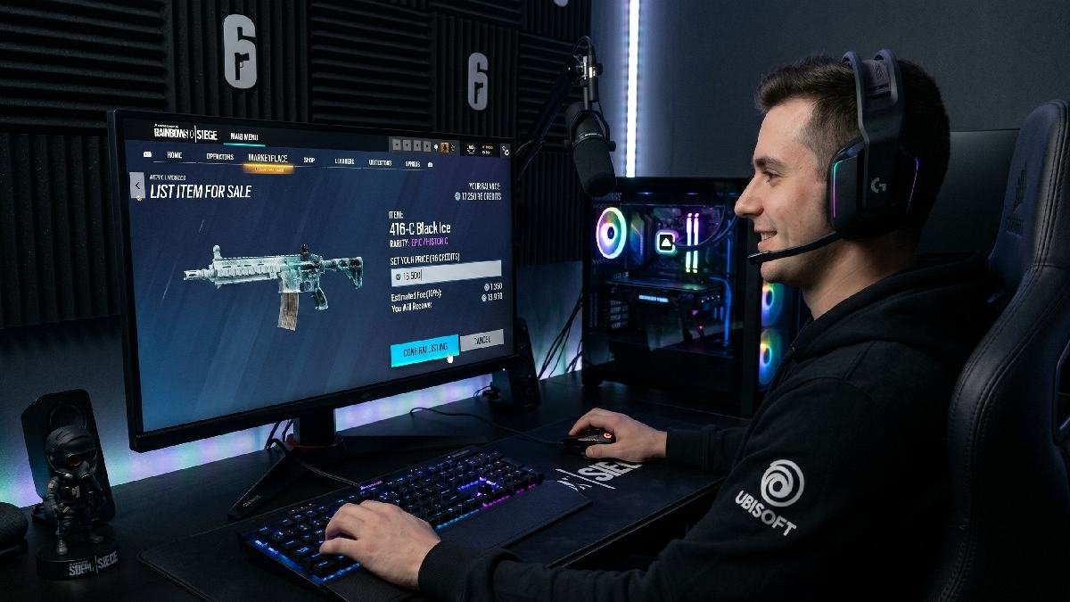 Gamer listing rare weapon skin for sale on R6 Marketplace with price input and R6 Credits balance visible.