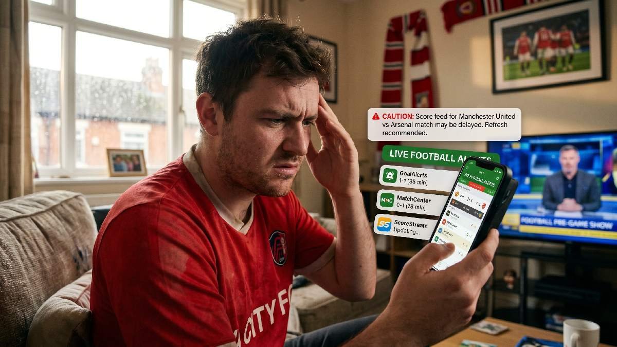 Frustrated football fan looking at delayed incorrect live scores on smartphone with warning notification visible on screen.