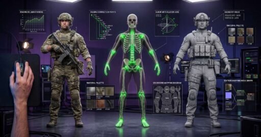 Three-stage SFM Compile process showing raw mesh, rigged skeleton with green bone connections, and fully textured soldier model with technical annotation panels displaying rigging, texture mapping and material palette details.