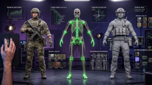 Three-stage SFM Compile process showing raw mesh, rigged skeleton with green bone connections, and fully textured soldier model with technical annotation panels displaying rigging, texture mapping and material palette details.