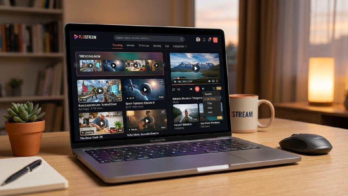 Laptop screen showing video streaming platform interface with search bar and trending sections highlighting key features of BaddieHub.