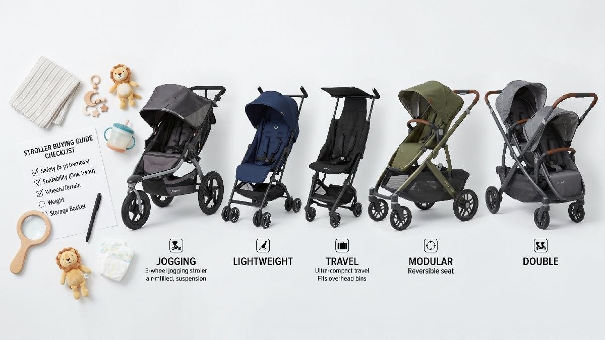 Multiple baby stroller styles displayed side by side with a checklist representing a complete buying guide. 