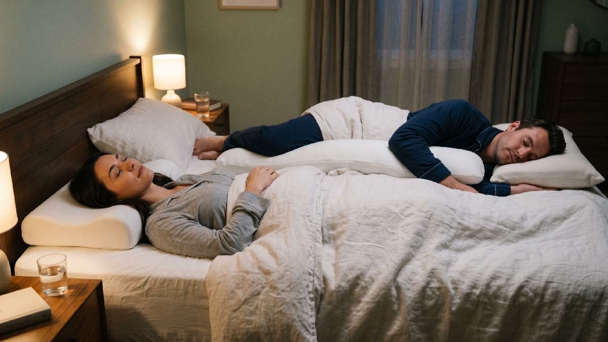 Two people sleeping in correct back and side positions with proper neck-supporting pillows for pain relief.