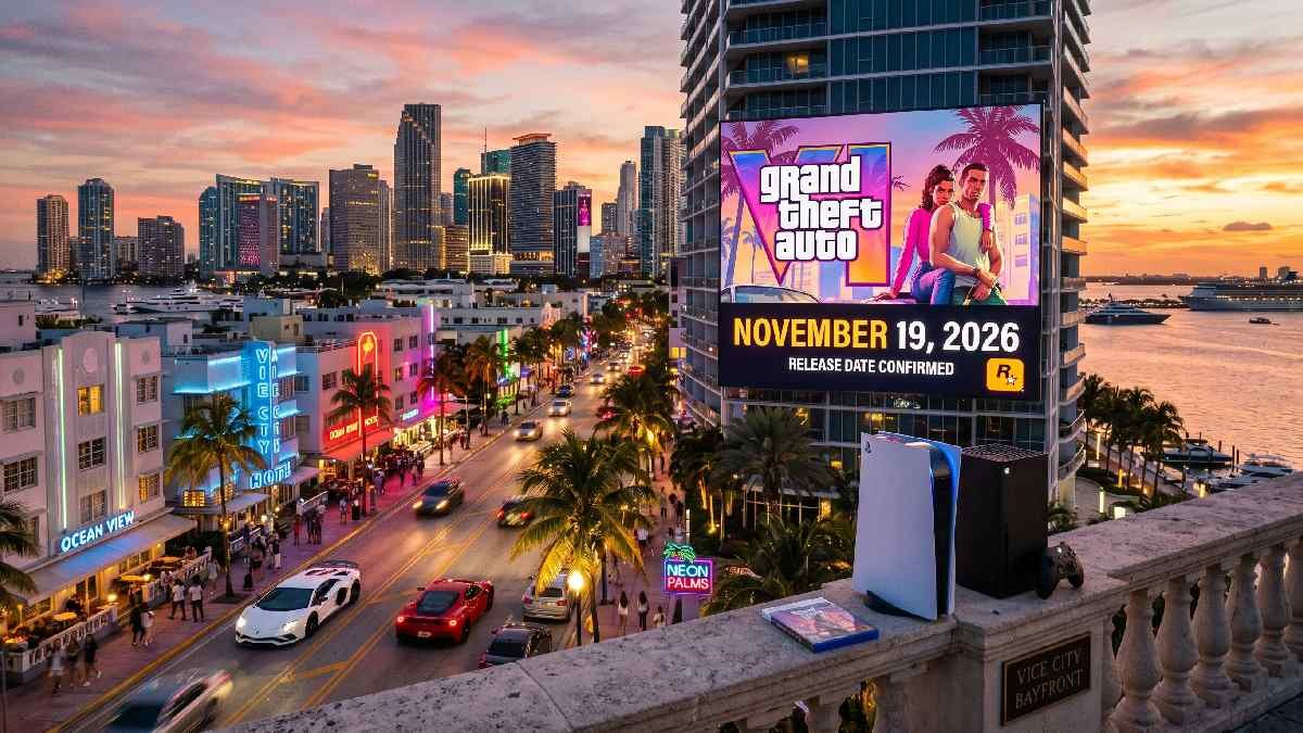 GTA 6 November 19 2026 release date billboard with PS5 and Xbox Series X representing official Rockstar confirmed news.