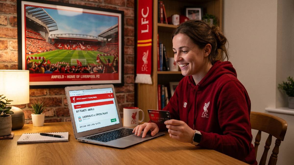 Person buying affordable Liverpool FC tickets online through the official website on a laptop at a home desk.