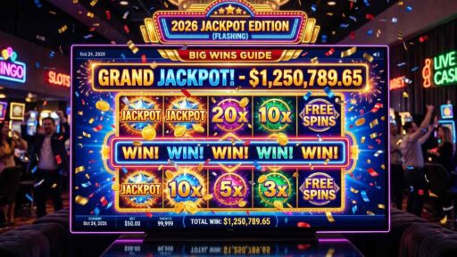 Glowing online slot machine with jackpot symbols and win celebration representing complete guide to online slot winning potential in 2026.