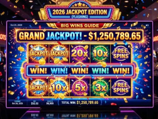 Glowing online slot machine with jackpot symbols and win celebration representing complete guide to online slot winning potential in 2026.