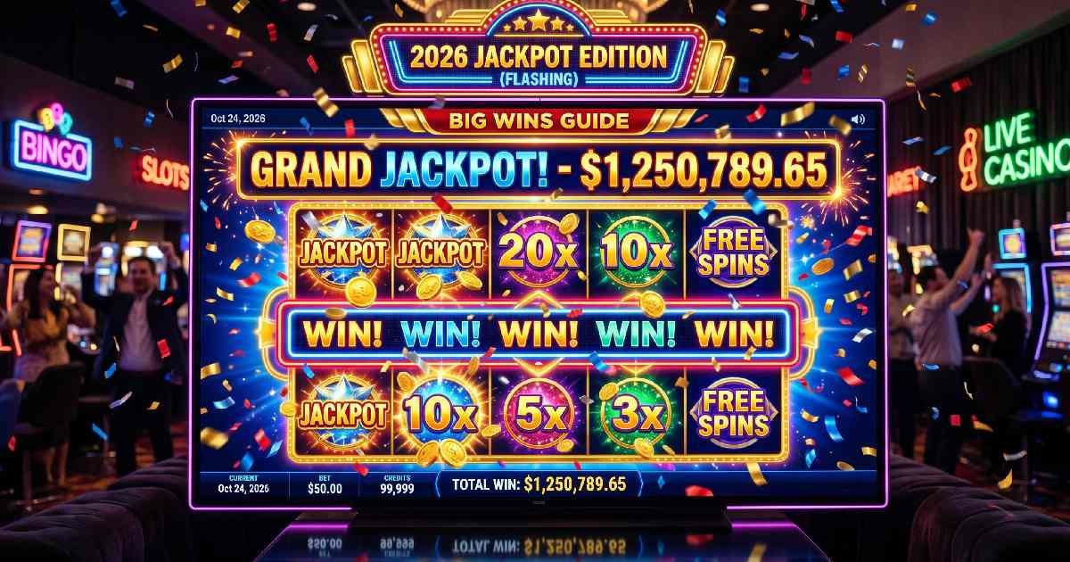 Glowing online slot machine with jackpot symbols and win celebration representing complete guide to online slot winning potential in 2026.