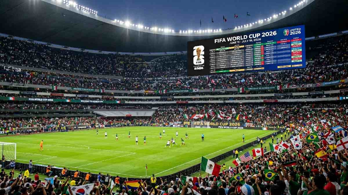  Packed FIFA World Cup 2026 stadium with colorful fans and flags representing complete FIFA World Cup 2026 schedule and tournament overview.