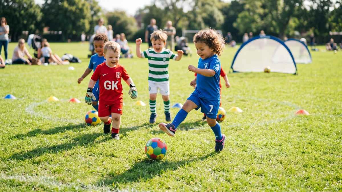 Energetic toddlers running and kicking footballs on green grass field showing physical development and active healthy lifestyle.