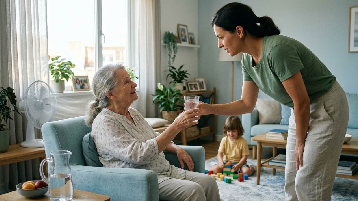 Adult offering water to elderly person in cool shaded room showing how to protect vulnerable groups during extreme heat. 
