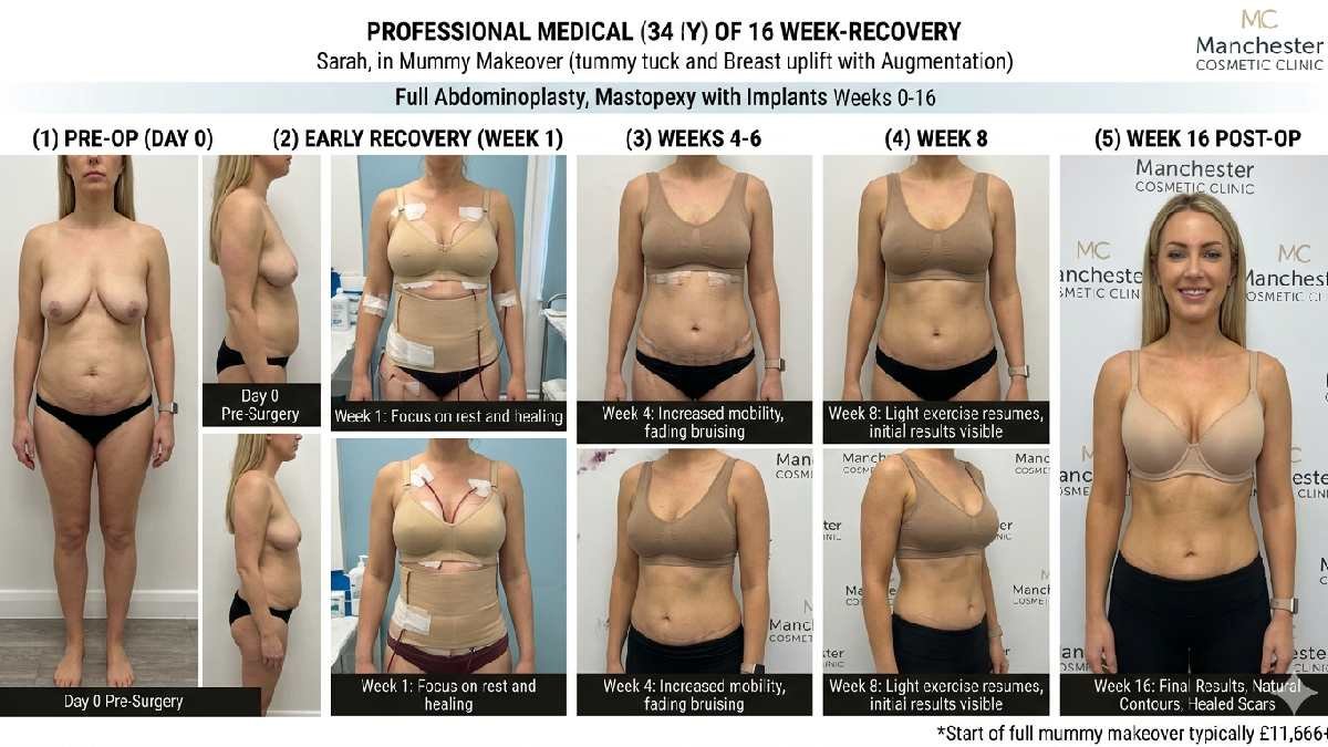 Recovery after mummy makeover surgery showing healing stages reduced swelling improved body contours recovery progress and final results.