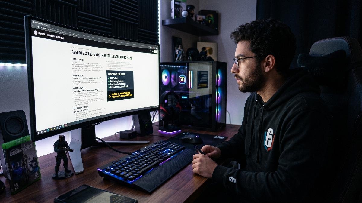 Rainbow Six Siege player reading official R6 Marketplace rules and guidelines on screen with Ubisoft branding visible.