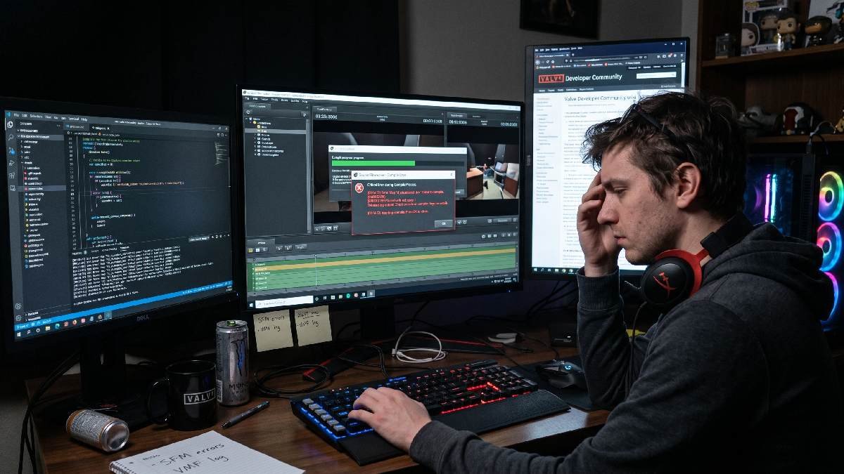 Source Filmmaker compile error message on screen with developer troubleshooting the issue at a dark editing desk.